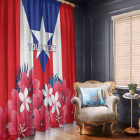 Red, blue, and white Puerto Rico coat-of-arms window curtains with floral print and YOUR TEXT