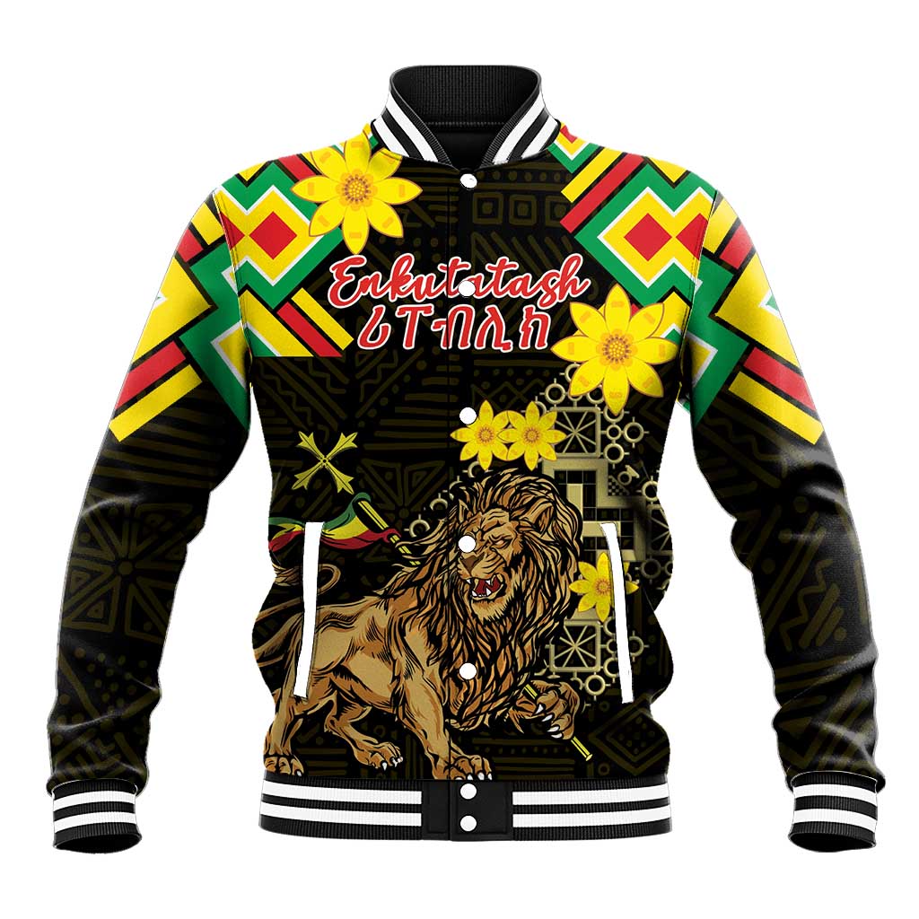 Black baseball jacket with colorful folk pattern, lion graphic, and ribbed trim