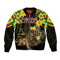 Unisex black bomber jacket with zip front, colorful folk pattern and Lion of Judah artwork
