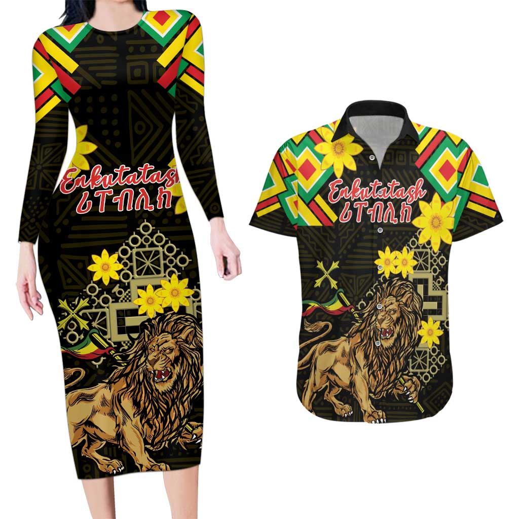 Ethiopia Enkutatash Lion of Judah Couples Matching Long Sleeve Bodycon Dress and Hawaiian Shirt With Folk Pattern - Wonder Print Shop