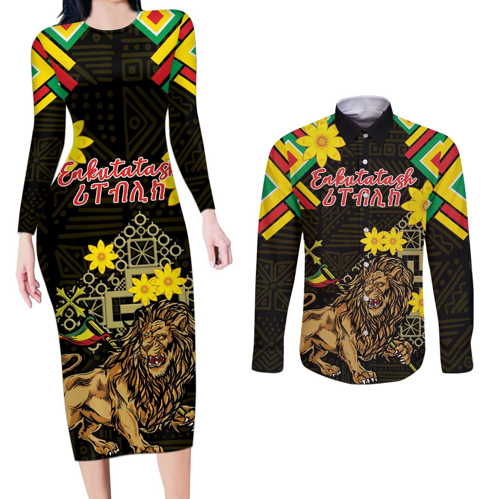 Ethiopia Enkutatash Lion of Judah Couples Matching Long Sleeve Bodycon Dress and Long Sleeve Button Shirt With Folk Pattern - Wonder Print Shop