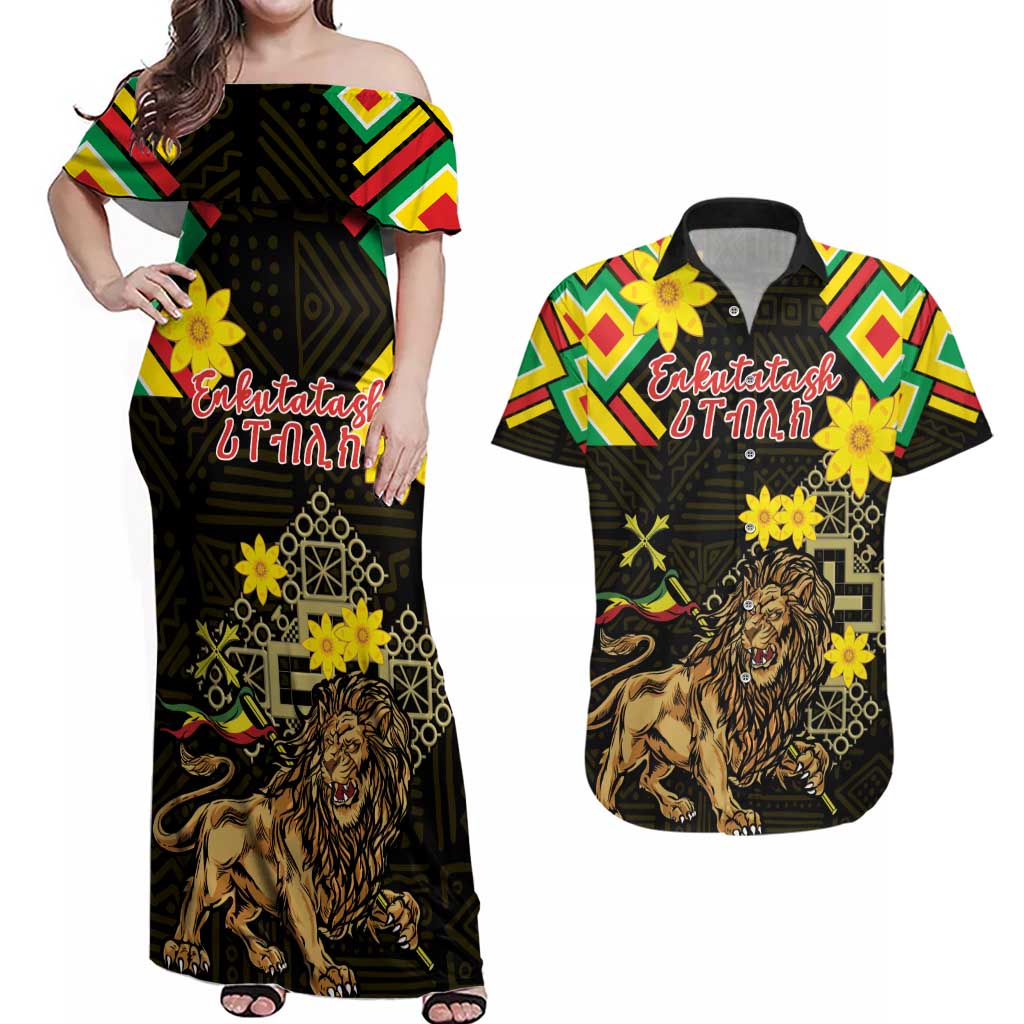 Ethiopia Enkutatash Lion of Judah Couples Matching Off Shoulder Maxi Dress and Hawaiian Shirt With Folk Pattern