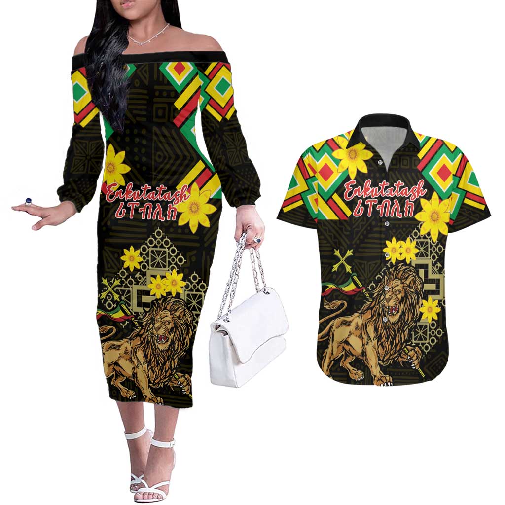 Ethiopia Enkutatash Lion of Judah Couples Matching Off The Shoulder Long Sleeve Dress and Hawaiian Shirt With Folk Pattern