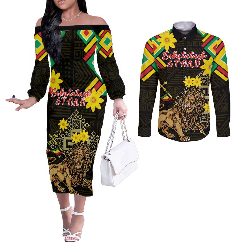 Ethiopia Enkutatash Lion of Judah Couples Matching Off The Shoulder Long Sleeve Dress and Long Sleeve Button Shirt With Folk Pattern