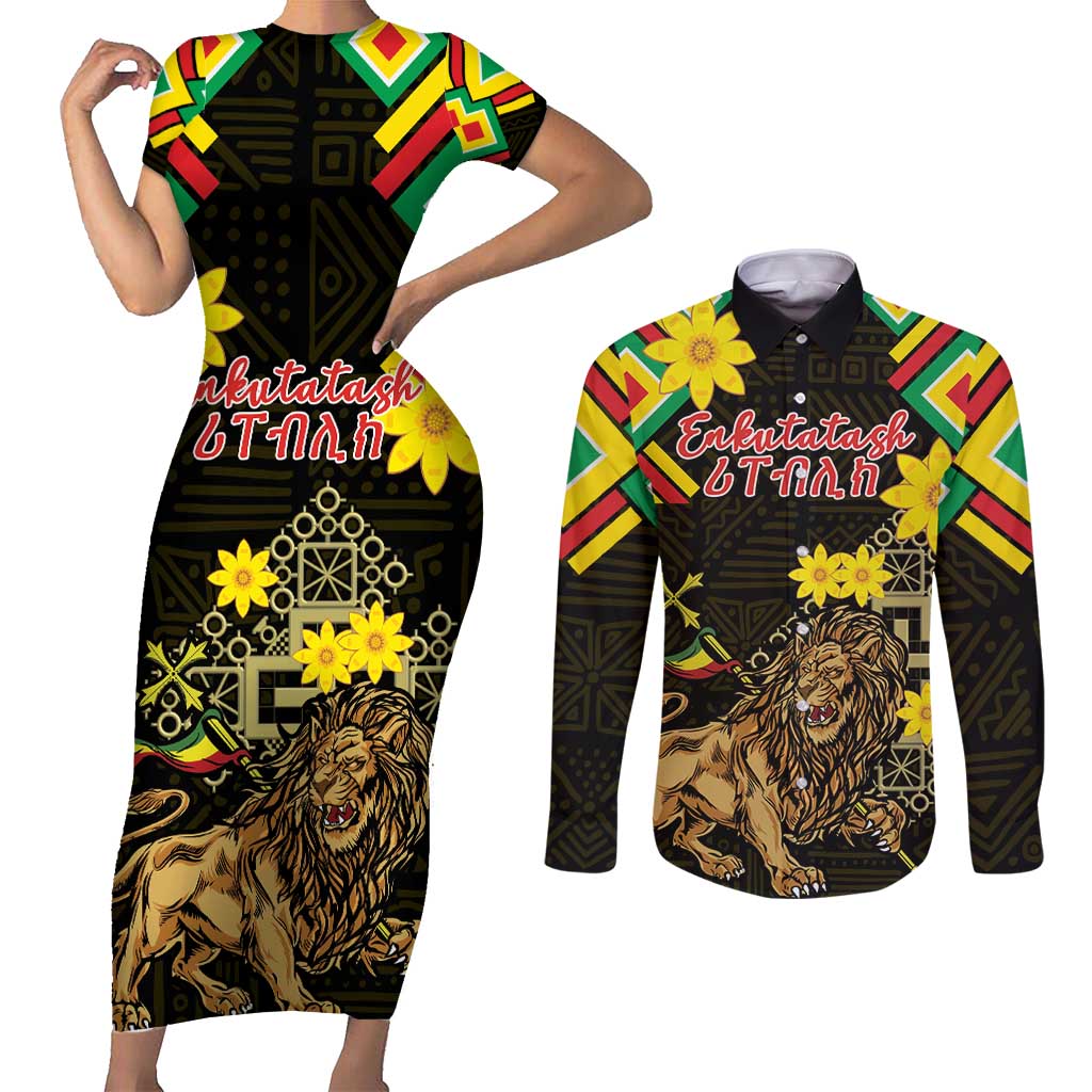 Ethiopia Enkutatash Lion of Judah Couples Matching Short Sleeve Bodycon Dress and Long Sleeve Button Shirt With Folk Pattern - Wonder Print Shop