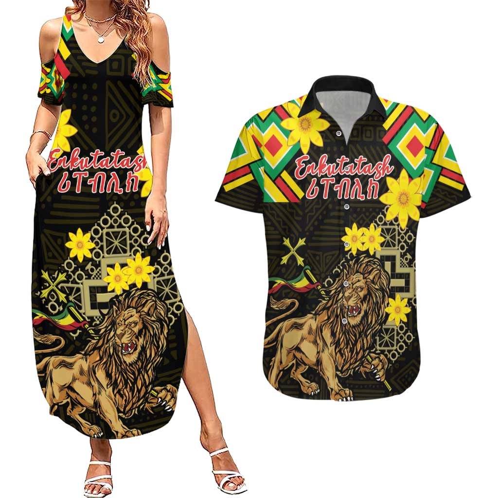 Ethiopia Enkutatash Lion of Judah Couples Matching Summer Maxi Dress and Hawaiian Shirt With Folk Pattern