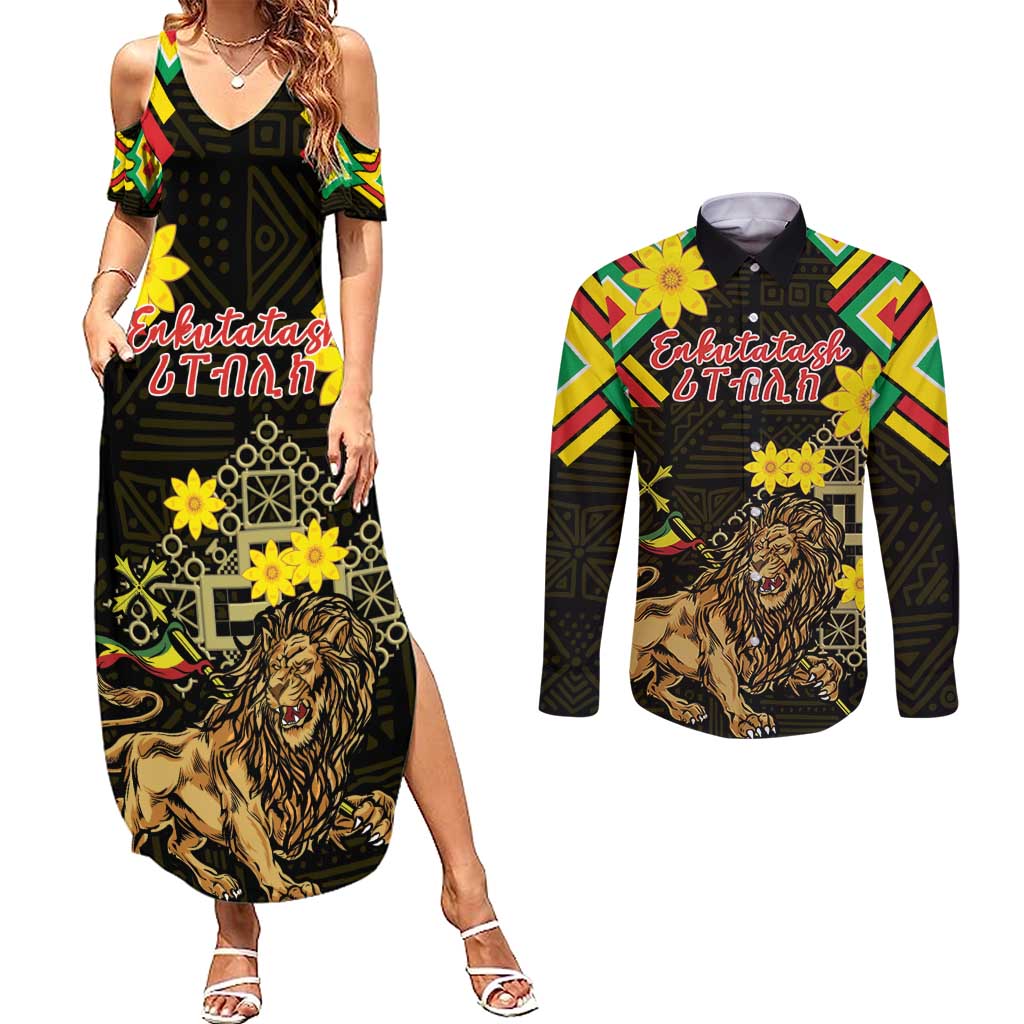 Ethiopia Enkutatash Lion of Judah Couples Matching Summer Maxi Dress and Long Sleeve Button Shirt With Folk Pattern