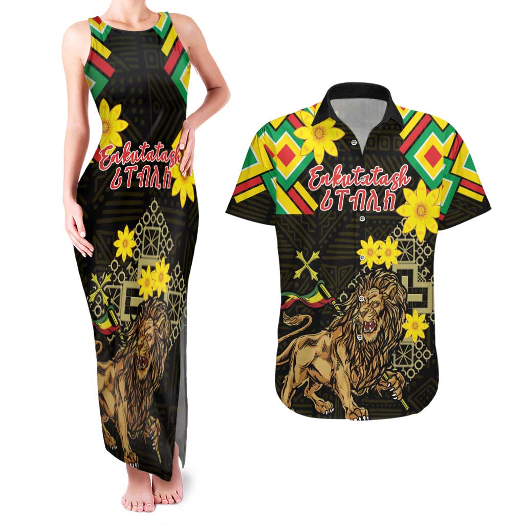 Ethiopia Enkutatash Lion of Judah Couples Matching Tank Maxi Dress and Hawaiian Shirt With Folk Pattern