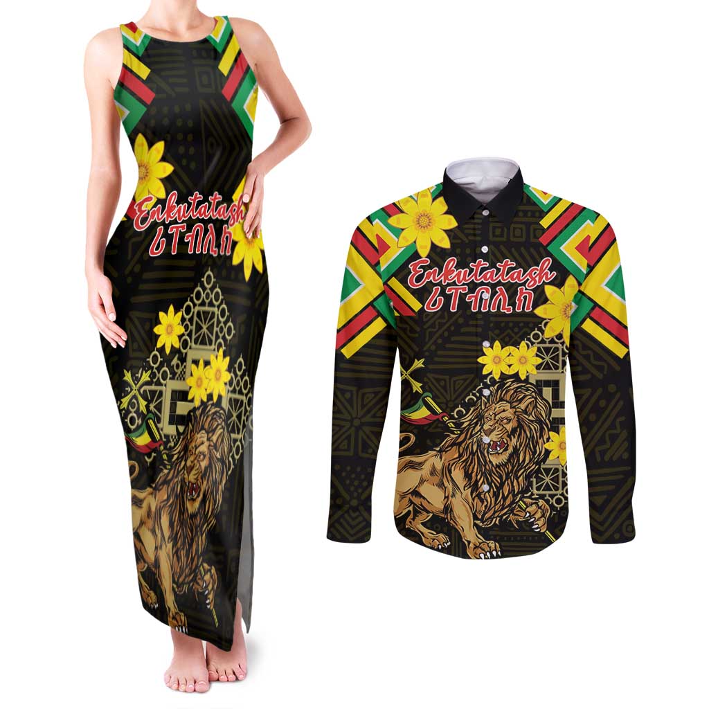 Ethiopia Enkutatash Lion of Judah Couples Matching Tank Maxi Dress and Long Sleeve Button Shirt With Folk Pattern