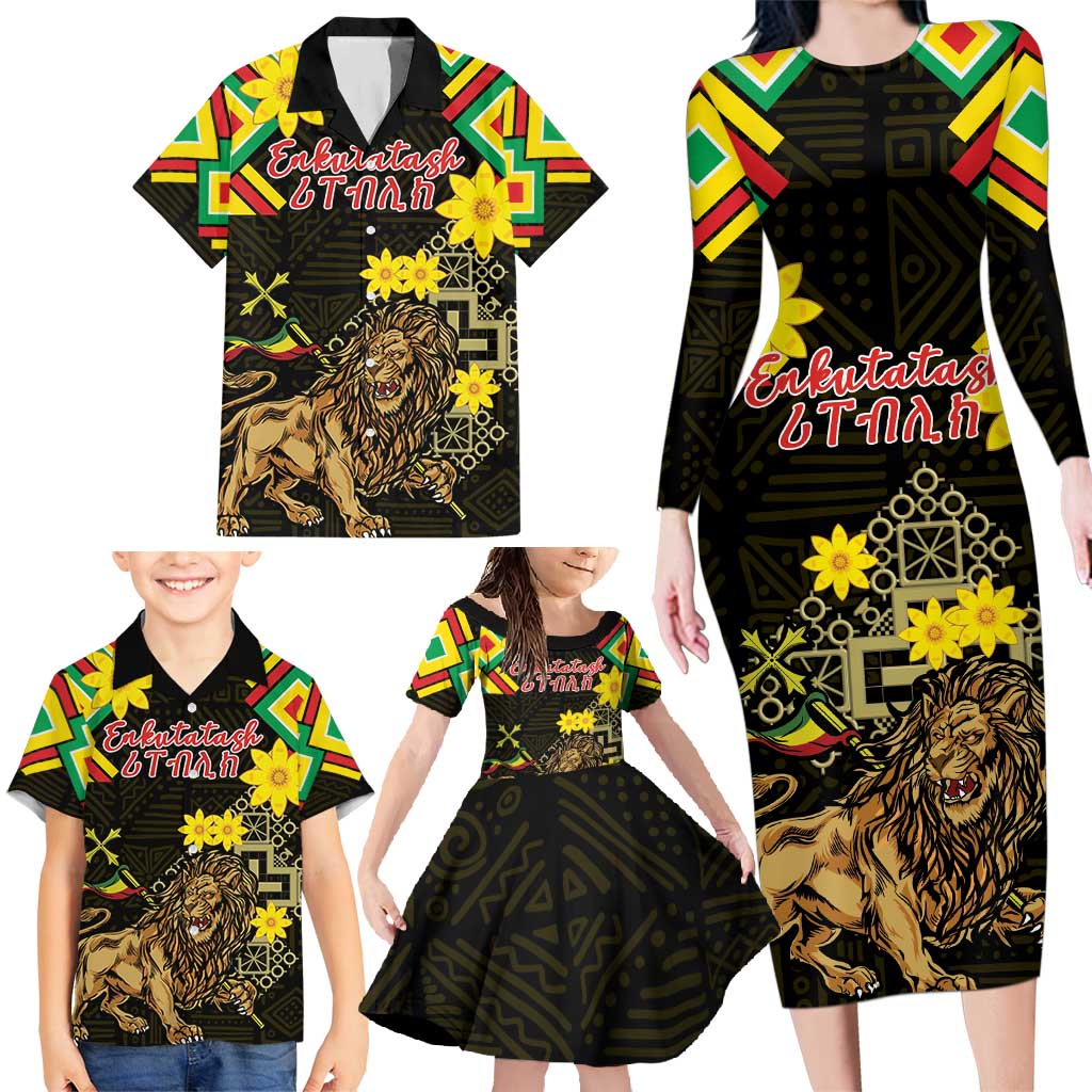 Ethiopia Enkutatash Lion of Judah Family Matching Long Sleeve Bodycon Dress and Hawaiian Shirt With Folk Pattern