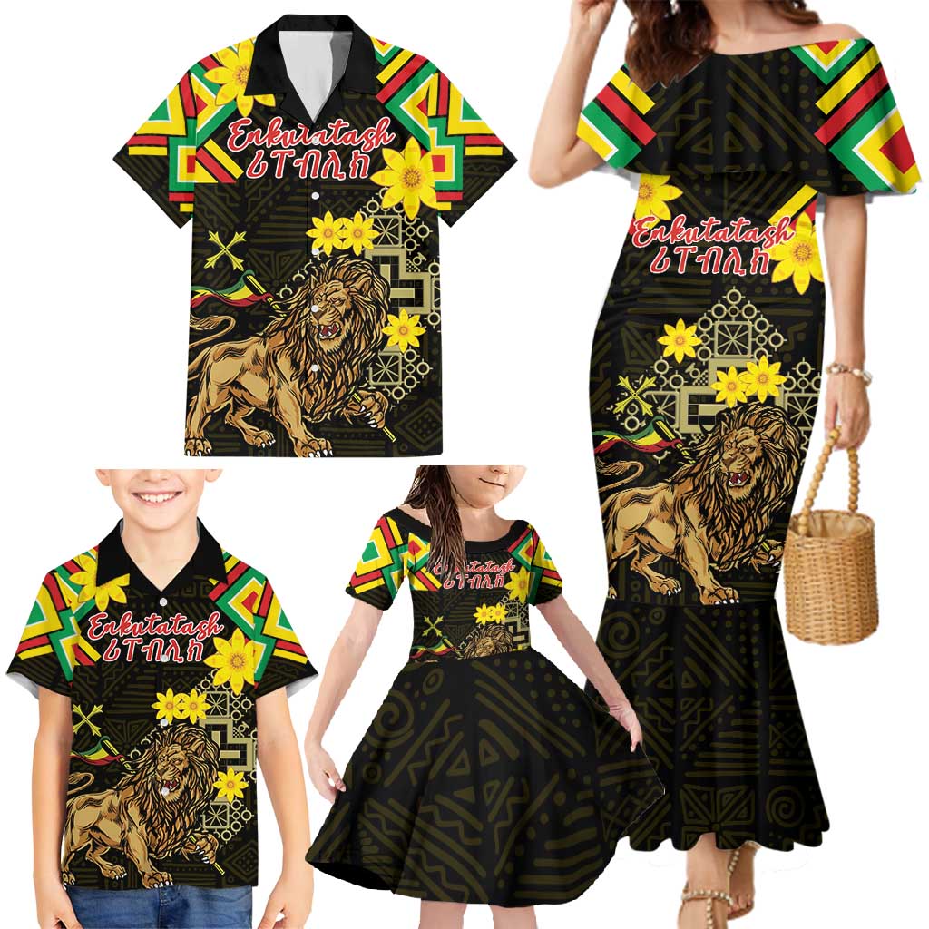 Ethiopia Enkutatash Lion of Judah Family Matching Mermaid Dress and Hawaiian Shirt With Folk Pattern