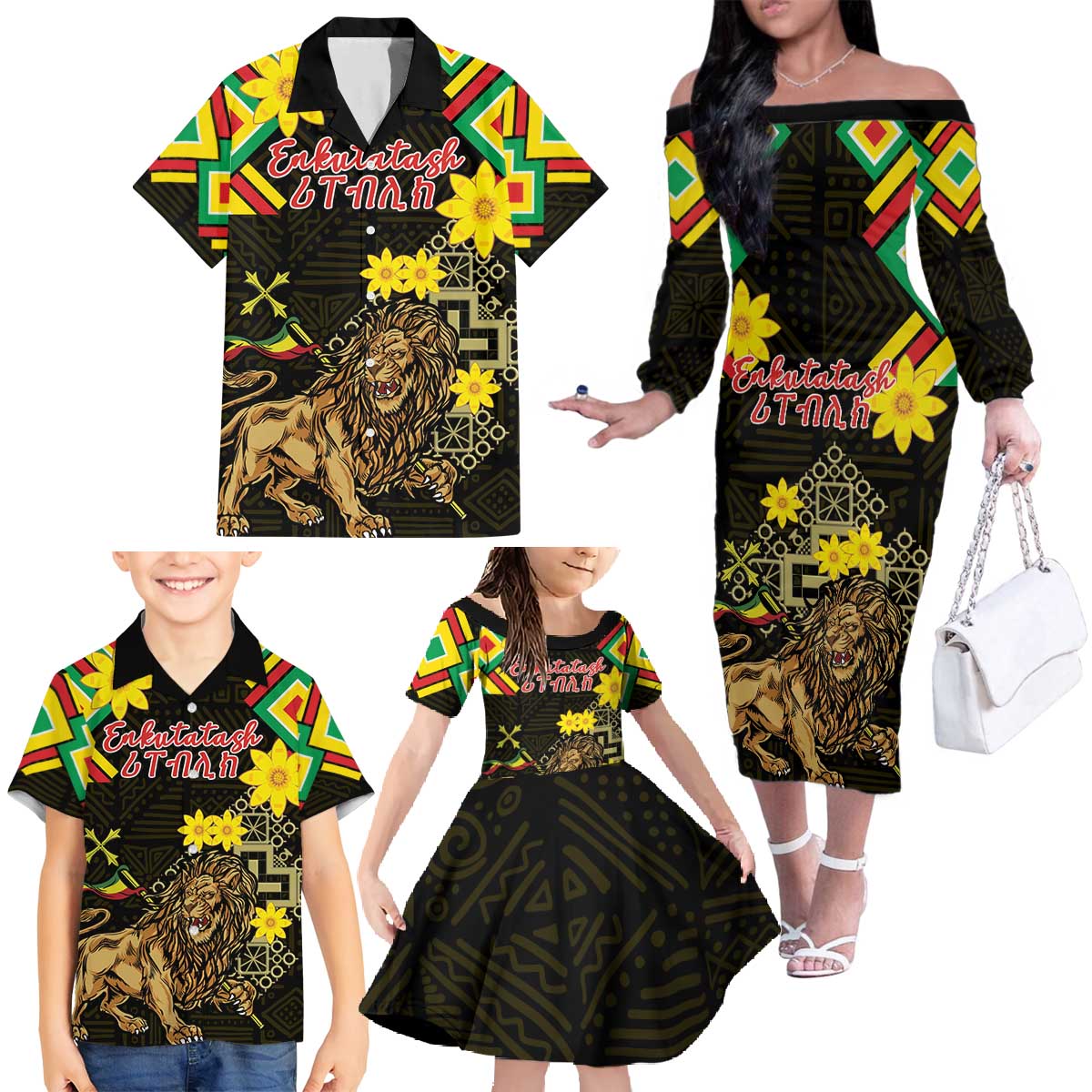 Ethiopia Enkutatash Lion of Judah Family Matching Off The Shoulder Long Sleeve Dress and Hawaiian Shirt With Folk Pattern