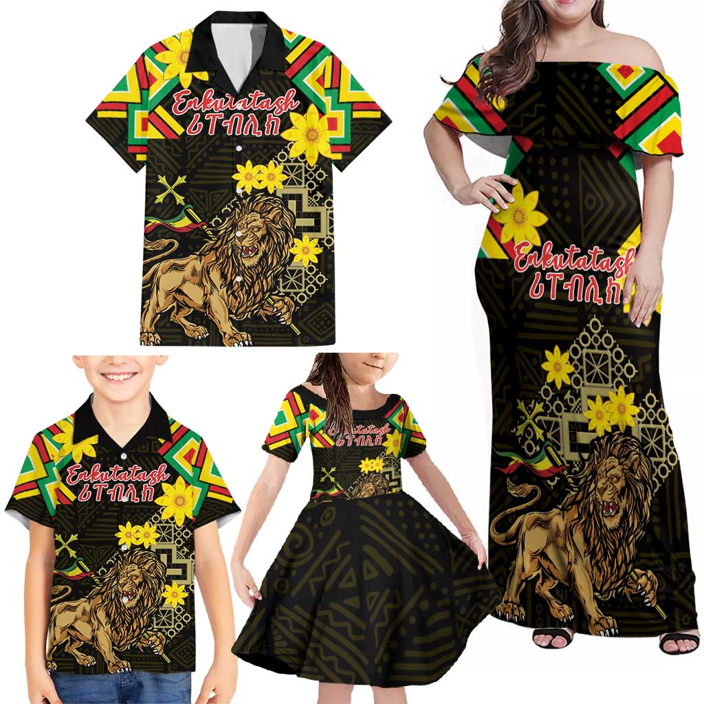 Ethiopia Enkutatash Lion of Judah Family Matching Off Shoulder Maxi Dress and Hawaiian Shirt With Folk Pattern