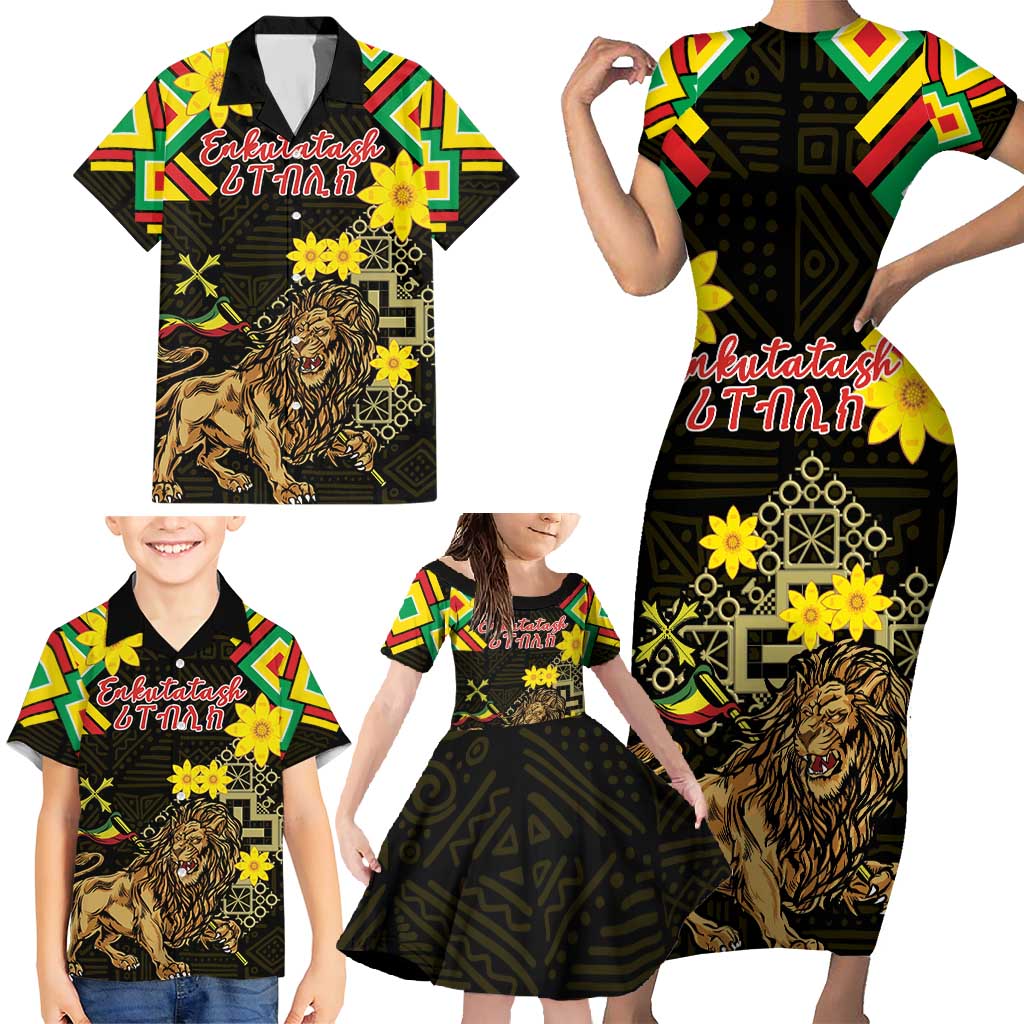 Ethiopia Enkutatash Lion of Judah Family Matching Short Sleeve Bodycon Dress and Hawaiian Shirt With Folk Pattern