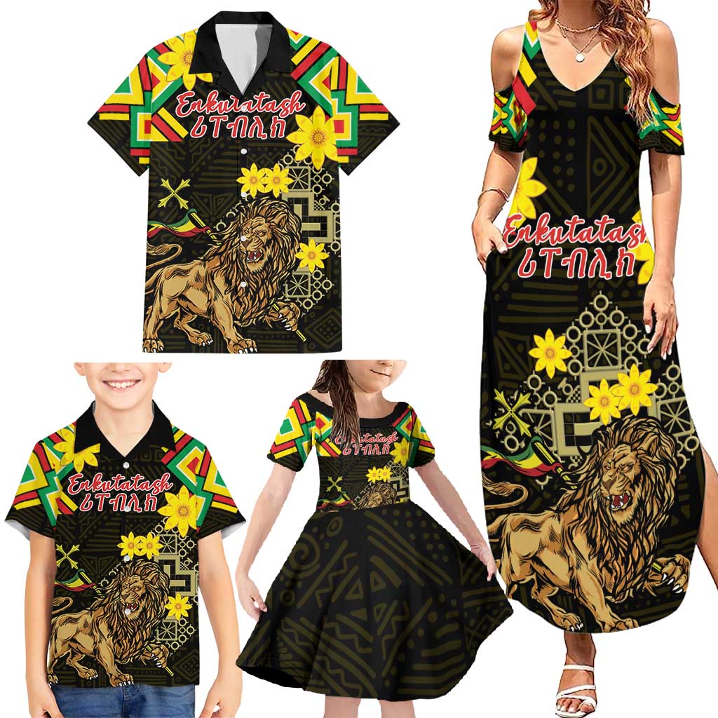 Ethiopia Enkutatash Lion of Judah Family Matching Summer Maxi Dress and Hawaiian Shirt With Folk Pattern