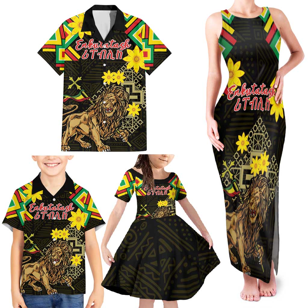 Ethiopia Enkutatash Lion of Judah Family Matching Tank Maxi Dress and Hawaiian Shirt With Folk Pattern