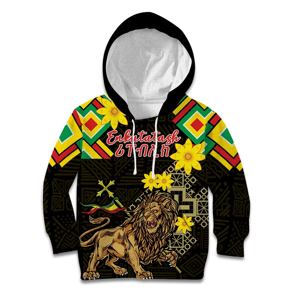 Ethiopia Enkutatash Lion of Judah Kid Hoodie With Folk Pattern