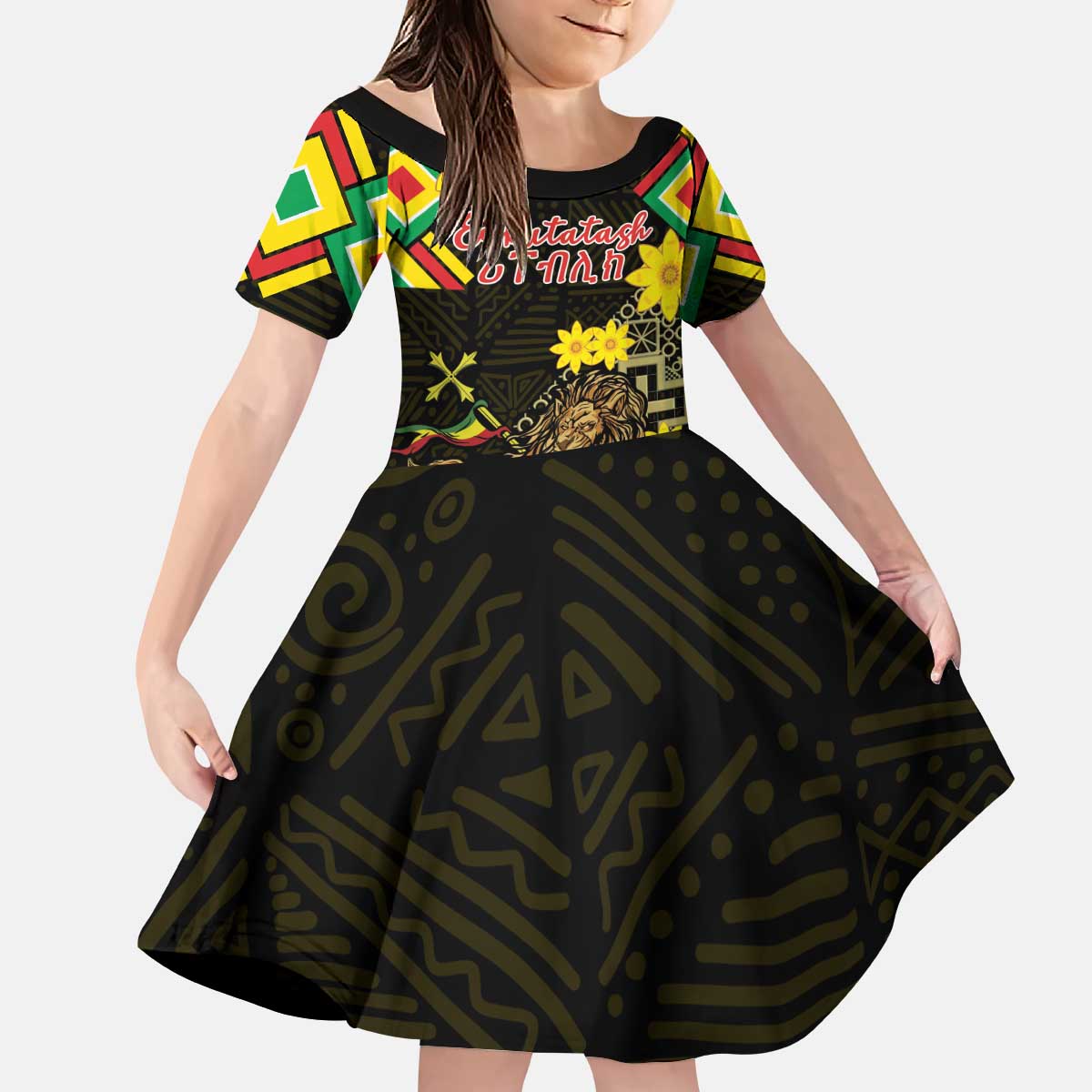 Ethiopia Enkutatash Lion of Judah Kid Short Sleeve Dress With Folk Pattern