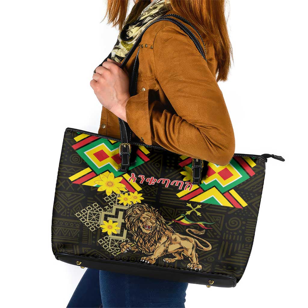 Ethiopia Enkutatash Lion of Judah Leather Tote Bag With Folk Pattern