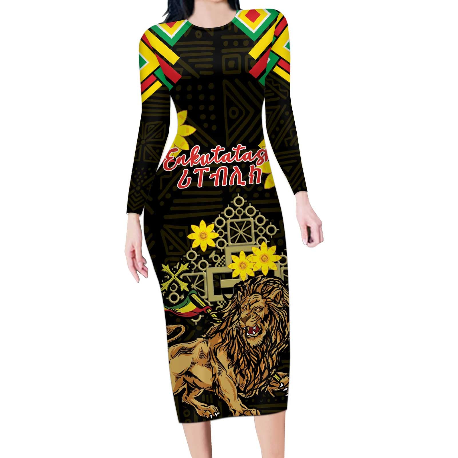 Ethiopia Enkutatash Lion of Judah Long Sleeve Bodycon Dress With Folk Pattern