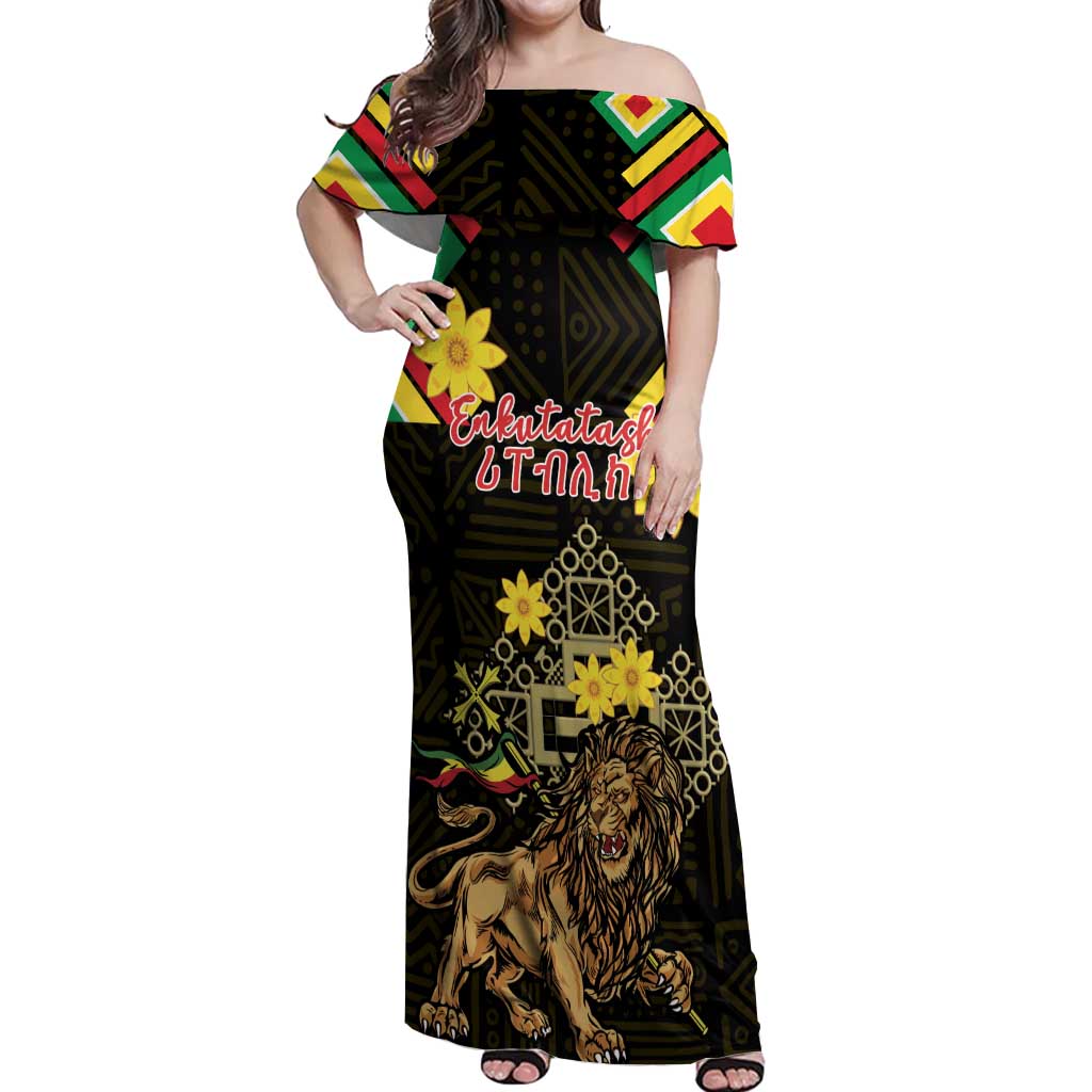 Ethiopia Enkutatash Lion of Judah Off Shoulder Maxi Dress With Folk Pattern