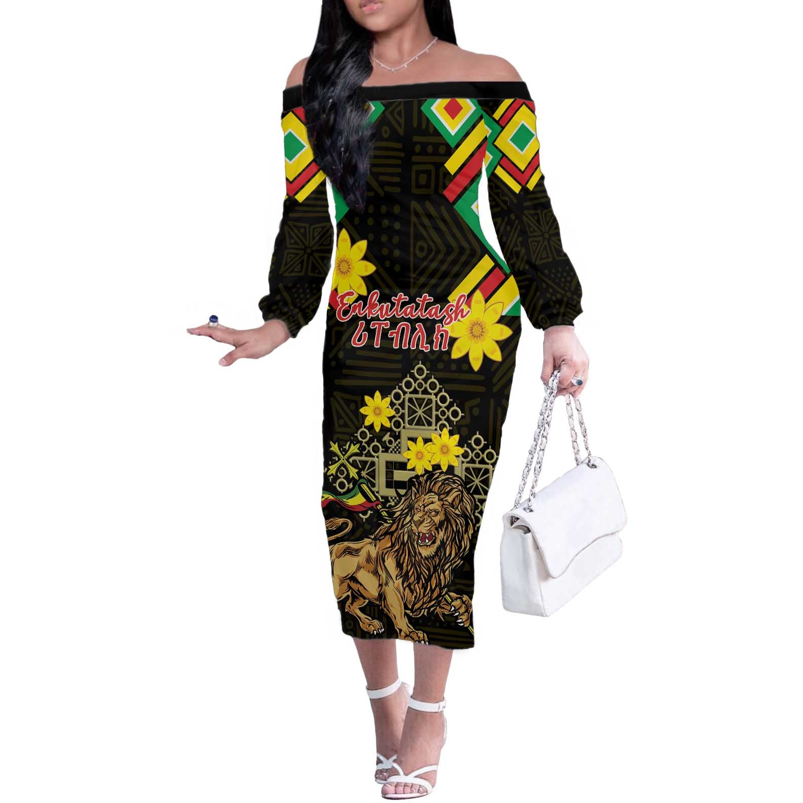 Ethiopia Enkutatash Lion of Judah Off The Shoulder Long Sleeve Dress With Folk Pattern