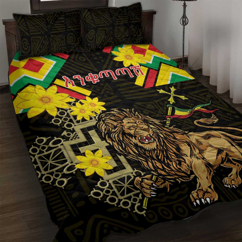 Ethiopia Enkutatash Lion of Judah Quilt Bed Set With Folk Pattern