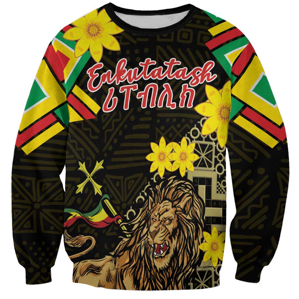 Unisex black sweatshirt with colorful folk pattern and Lion of Judah graphic