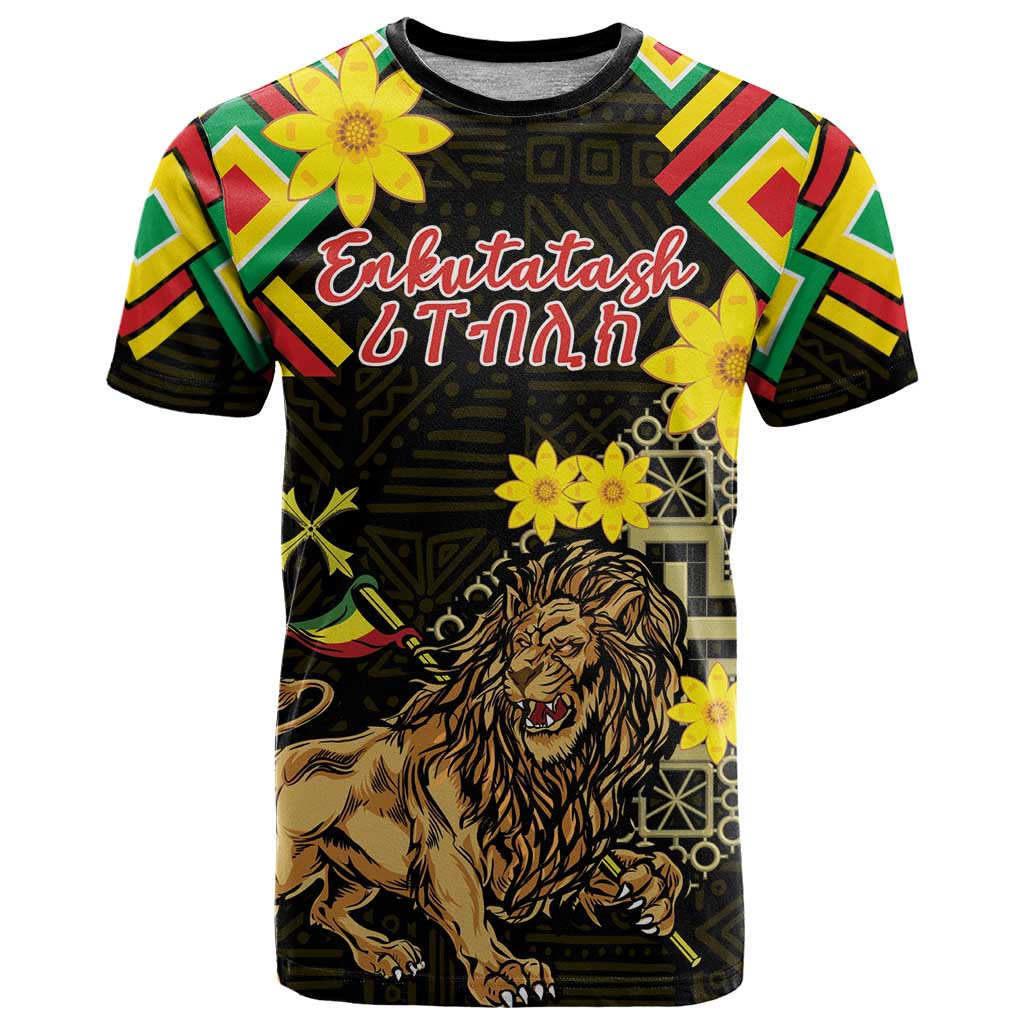 Ethiopia Enkutatash Lion of Judah T Shirt With Folk Pattern