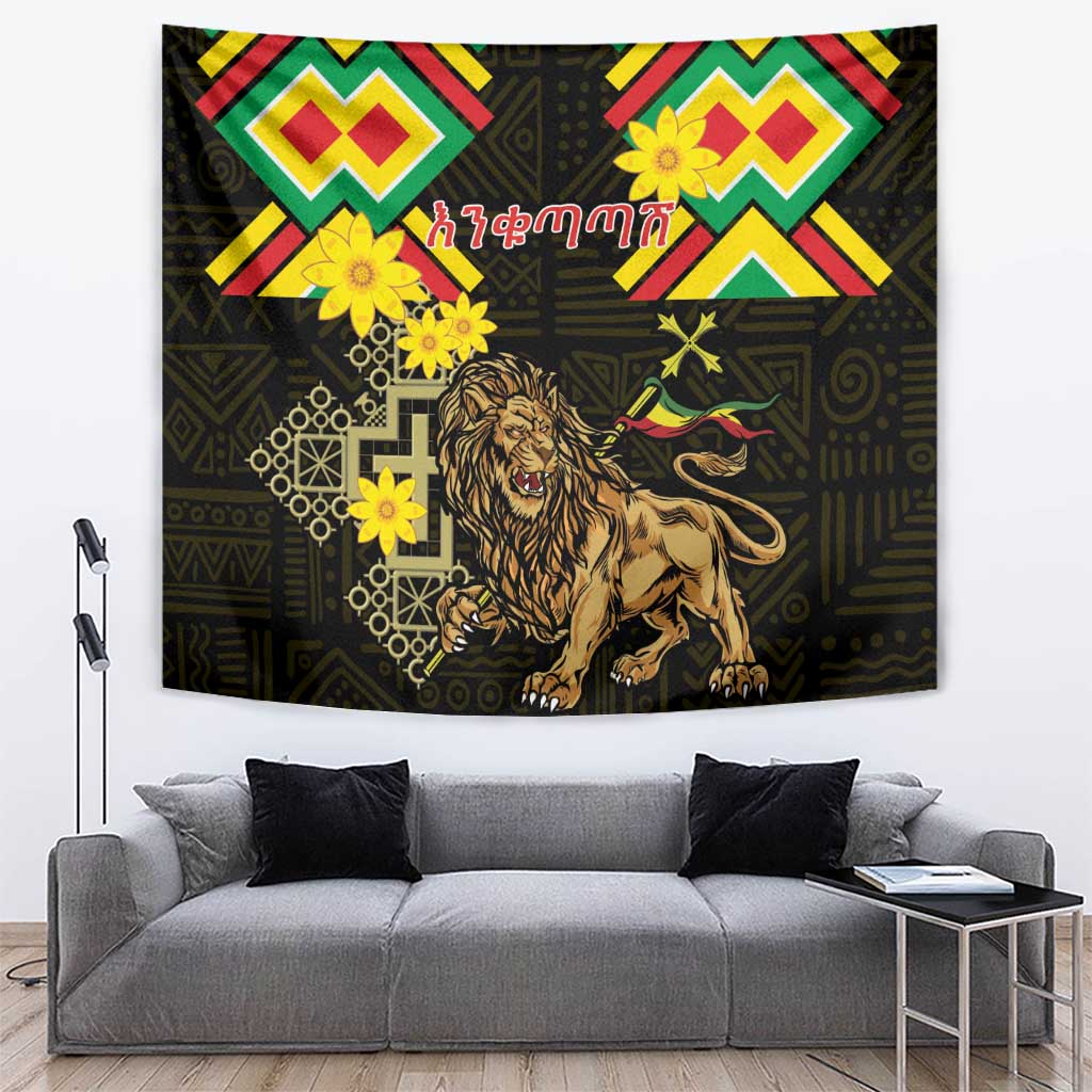 Ethiopia Enkutatash Lion of Judah Tapestry With Folk Pattern