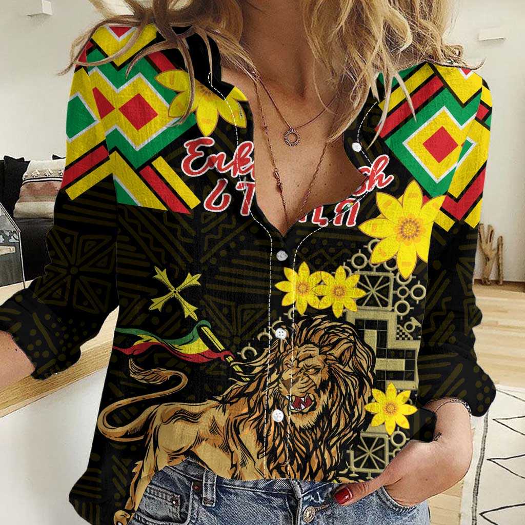 Ethiopia Enkutatash Lion of Judah Women Casual Shirt With Folk Pattern