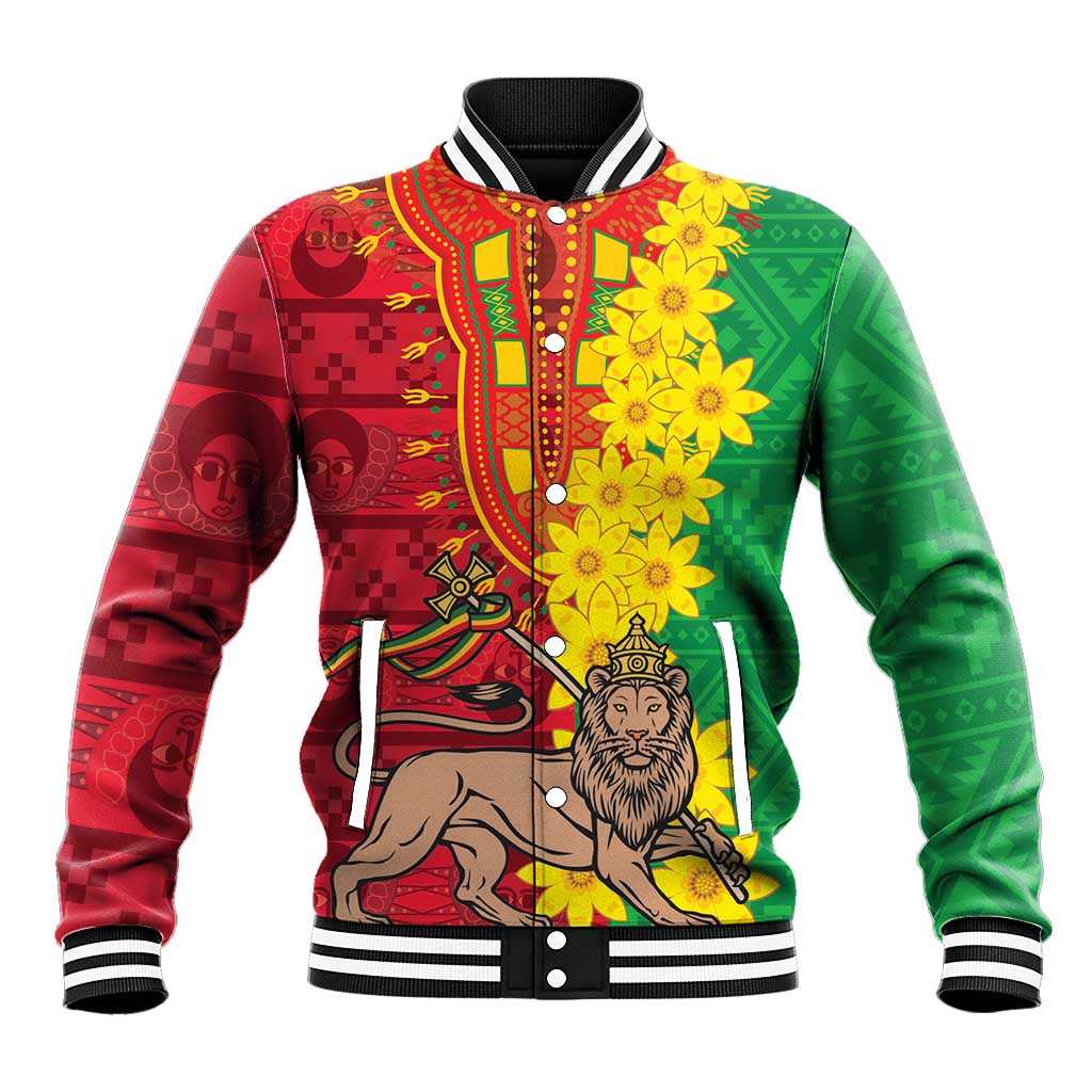 Red and green unisex baseball jacket with floral and lion graphic, snap front, striped cuffs