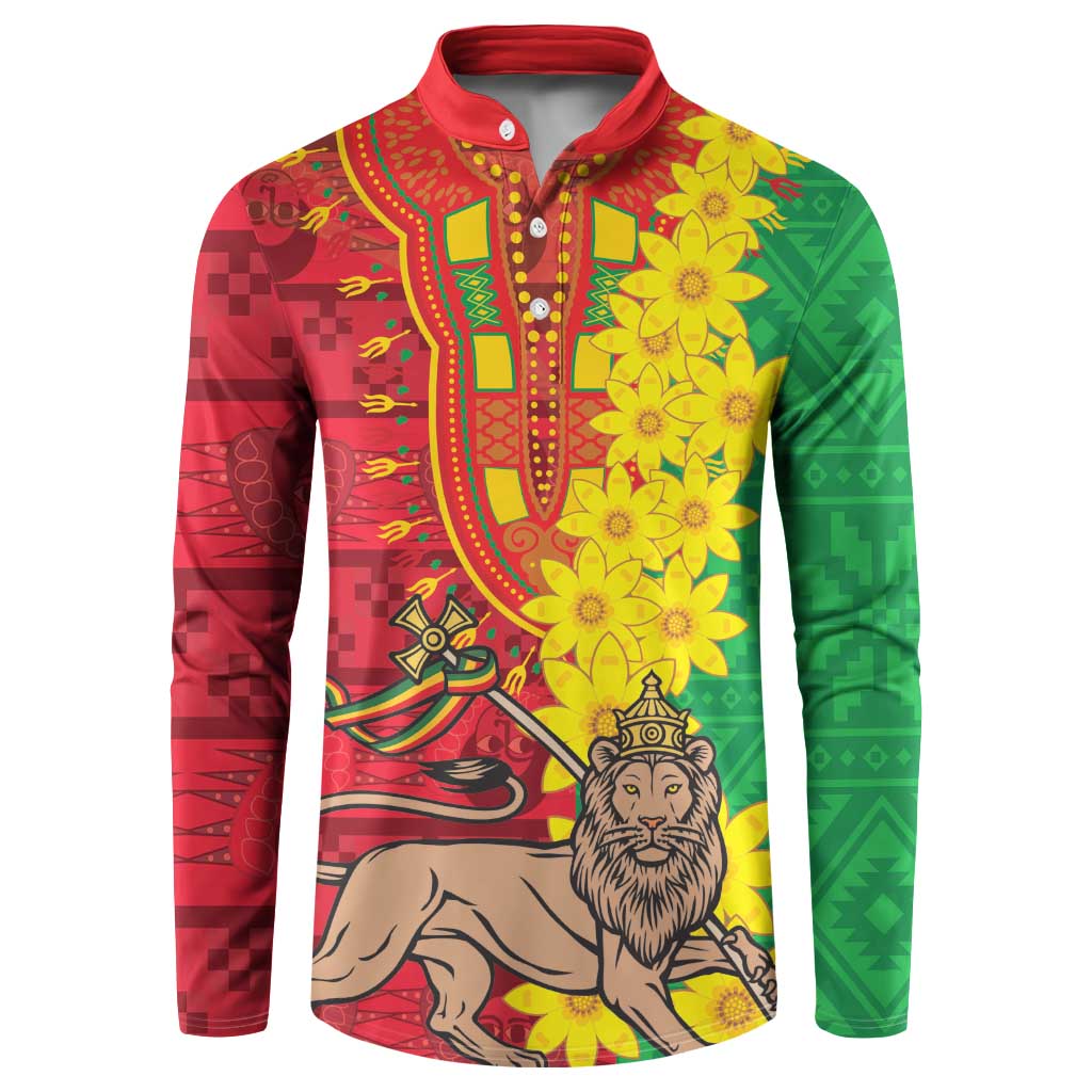 Red, green and yellow patterned button polo sweatshirt with long sleeves and collar