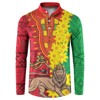 Red, green and yellow patterned button polo sweatshirt with long sleeves and collar