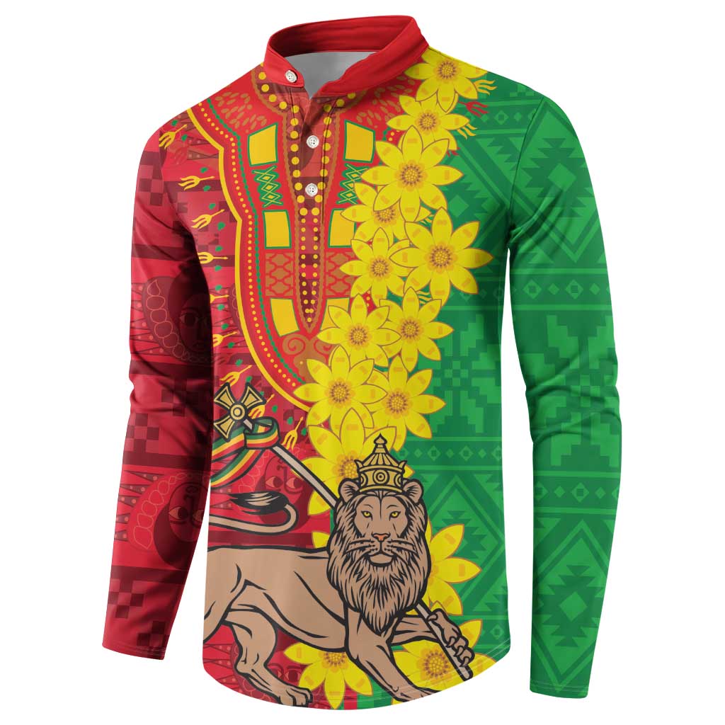 Front button sweatshirt with lion and flower graphic, red green yellow long sleeve collar