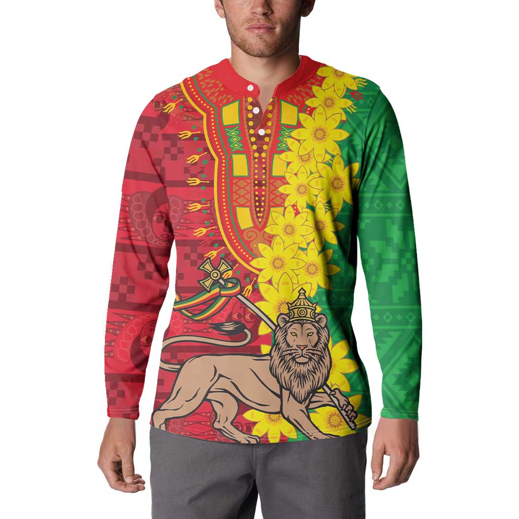 Men's button sweatshirt in red, green and yellow with lion and flowers, long sleeves