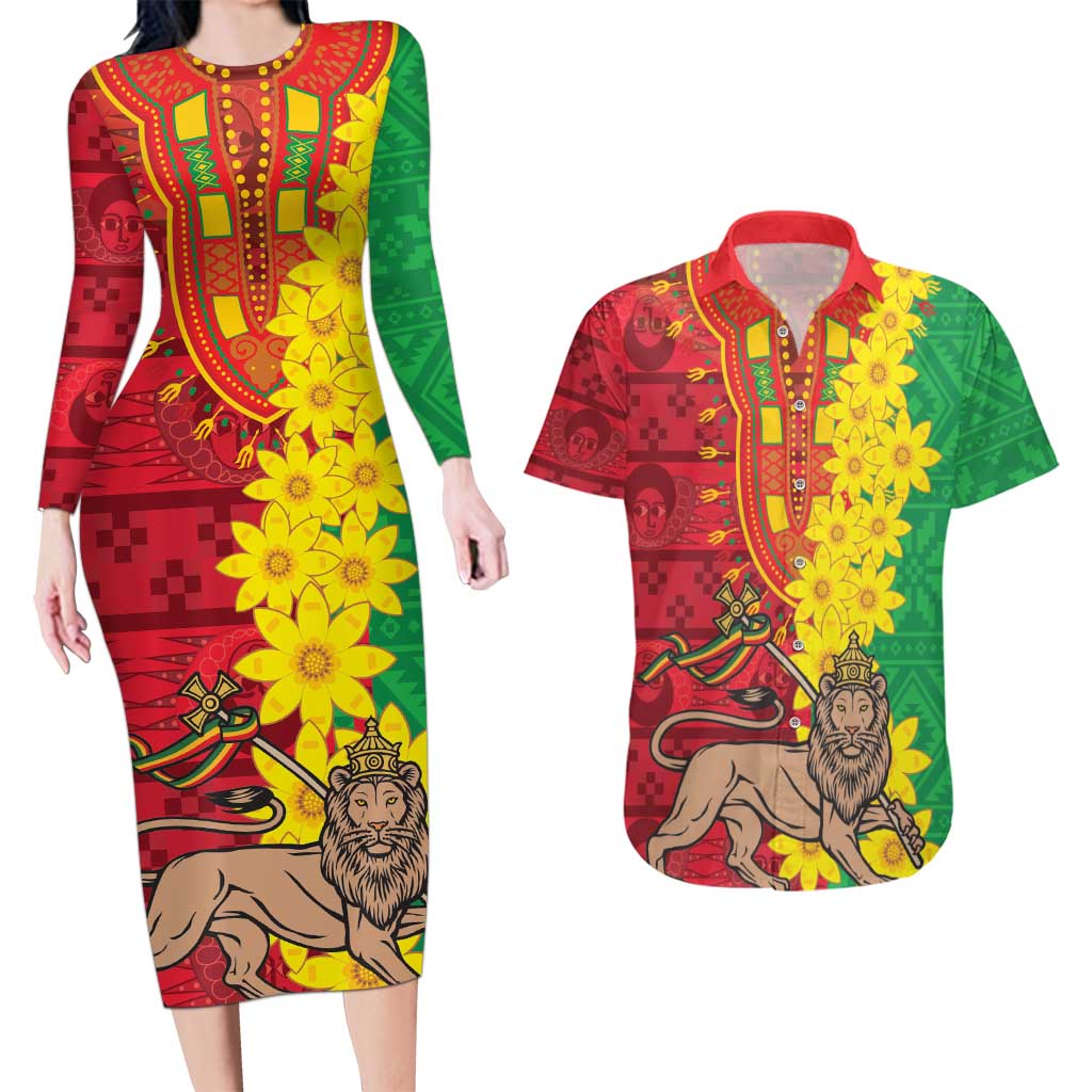 Ethiopia Enkutatash Melkam Addis Amet Couples Matching Long Sleeve Bodycon Dress and Hawaiian Shirt With Bidens Macroptera - Wonder Print Shop