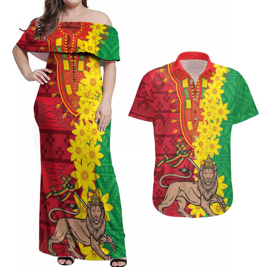 Ethiopia Enkutatash Melkam Addis Amet Couples Matching Off Shoulder Maxi Dress and Hawaiian Shirt With Bidens Macroptera