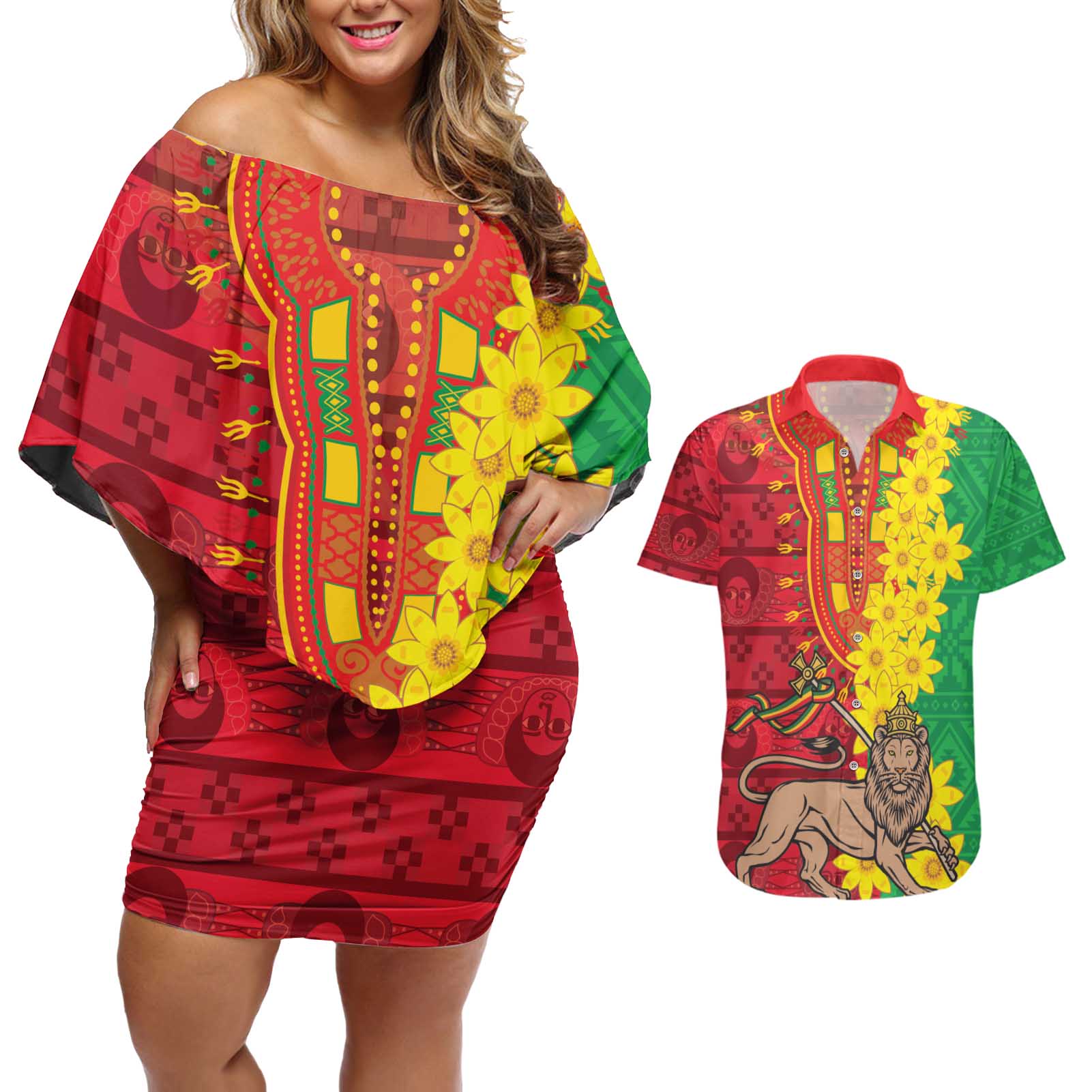 Ethiopia Enkutatash Melkam Addis Amet Couples Matching Off Shoulder Short Dress and Hawaiian Shirt With Bidens Macroptera