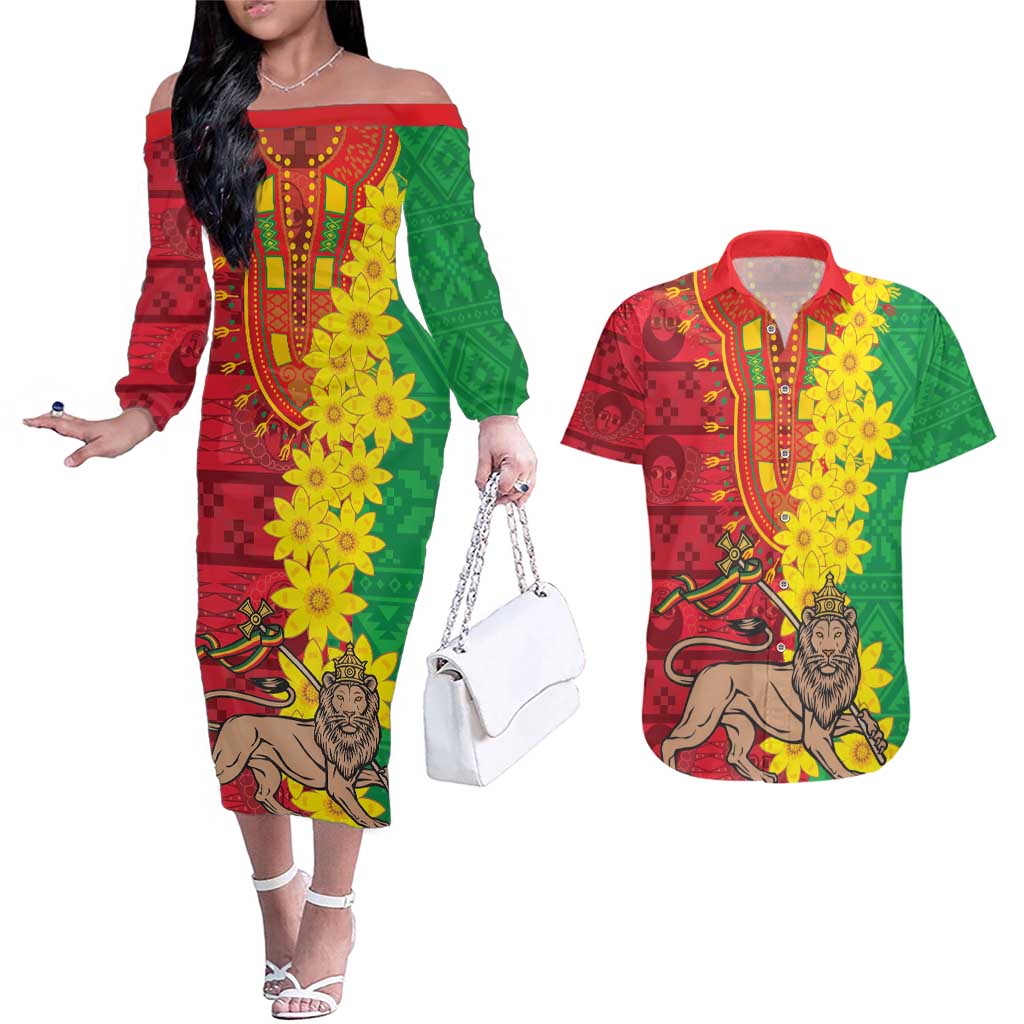 Ethiopia Enkutatash Melkam Addis Amet Couples Matching Off The Shoulder Long Sleeve Dress and Hawaiian Shirt With Bidens Macroptera