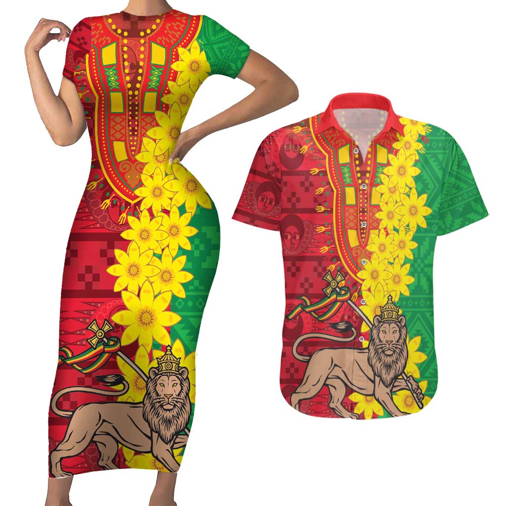 Ethiopia Enkutatash Melkam Addis Amet Couples Matching Short Sleeve Bodycon Dress and Hawaiian Shirt With Bidens Macroptera - Wonder Print Shop