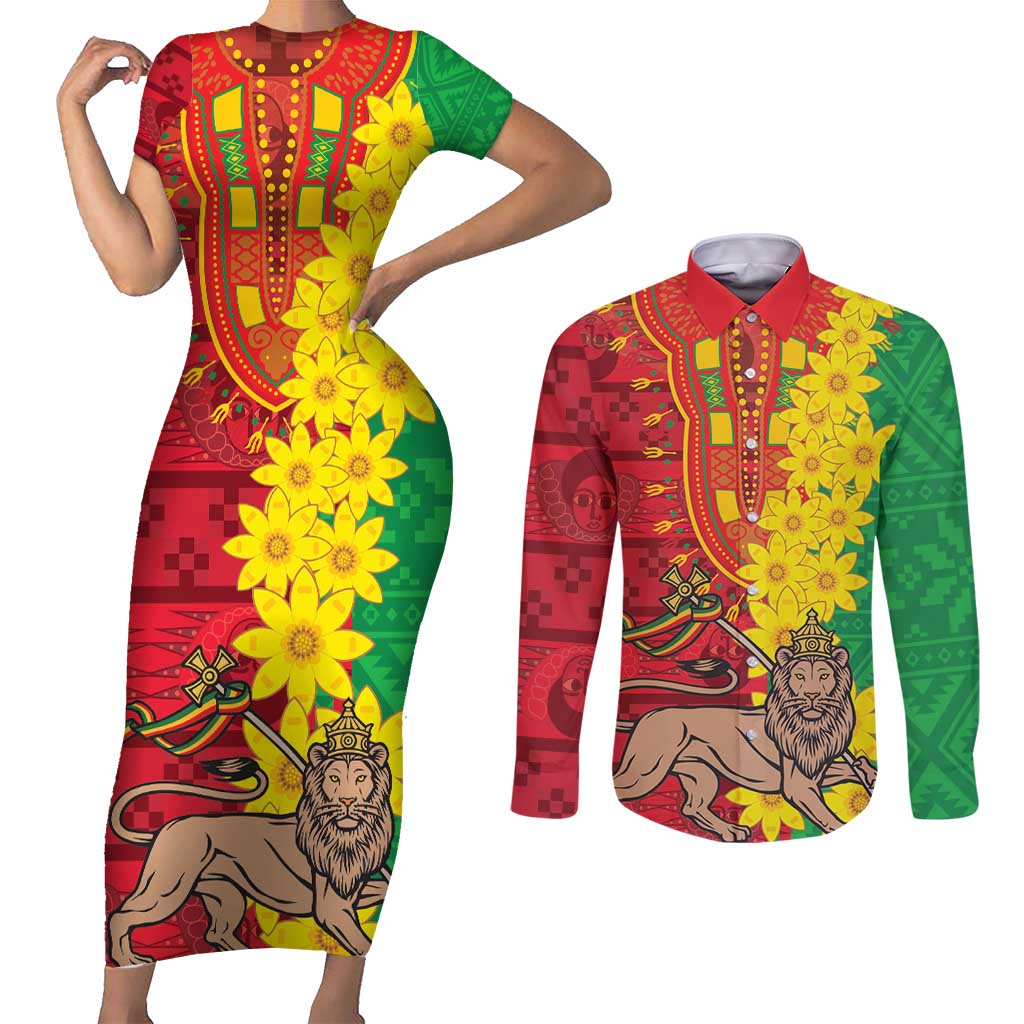 Ethiopia Enkutatash Melkam Addis Amet Couples Matching Short Sleeve Bodycon Dress and Long Sleeve Button Shirt With Bidens Macroptera - Wonder Print Shop