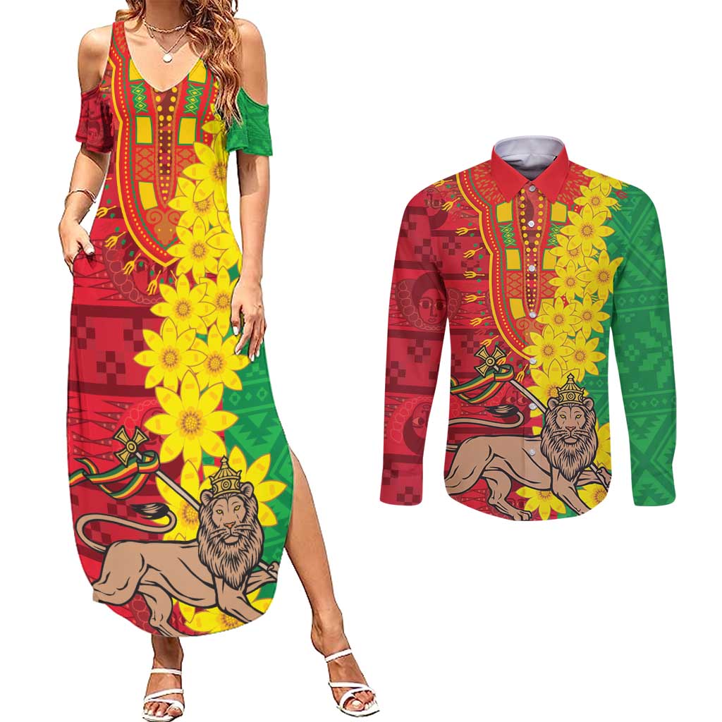 Ethiopia Enkutatash Melkam Addis Amet Couples Matching Summer Maxi Dress and Long Sleeve Button Shirt With Bidens Macroptera