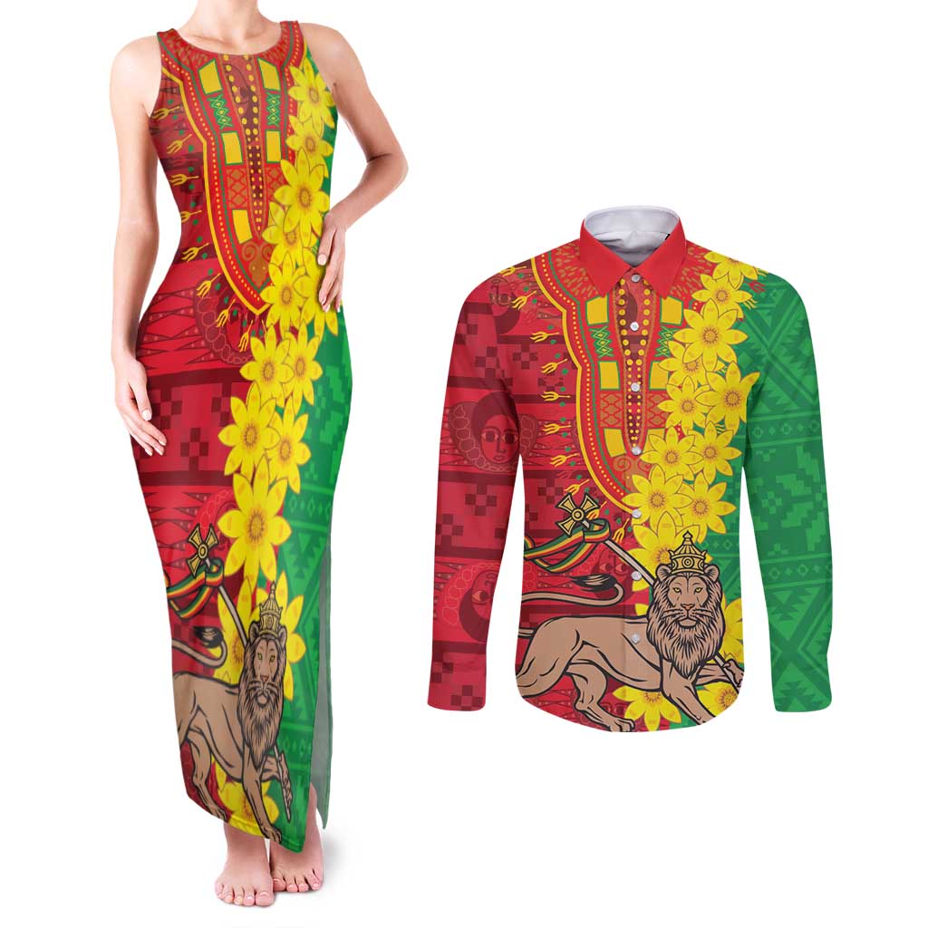 Ethiopia Enkutatash Melkam Addis Amet Couples Matching Tank Maxi Dress and Long Sleeve Button Shirt With Bidens Macroptera