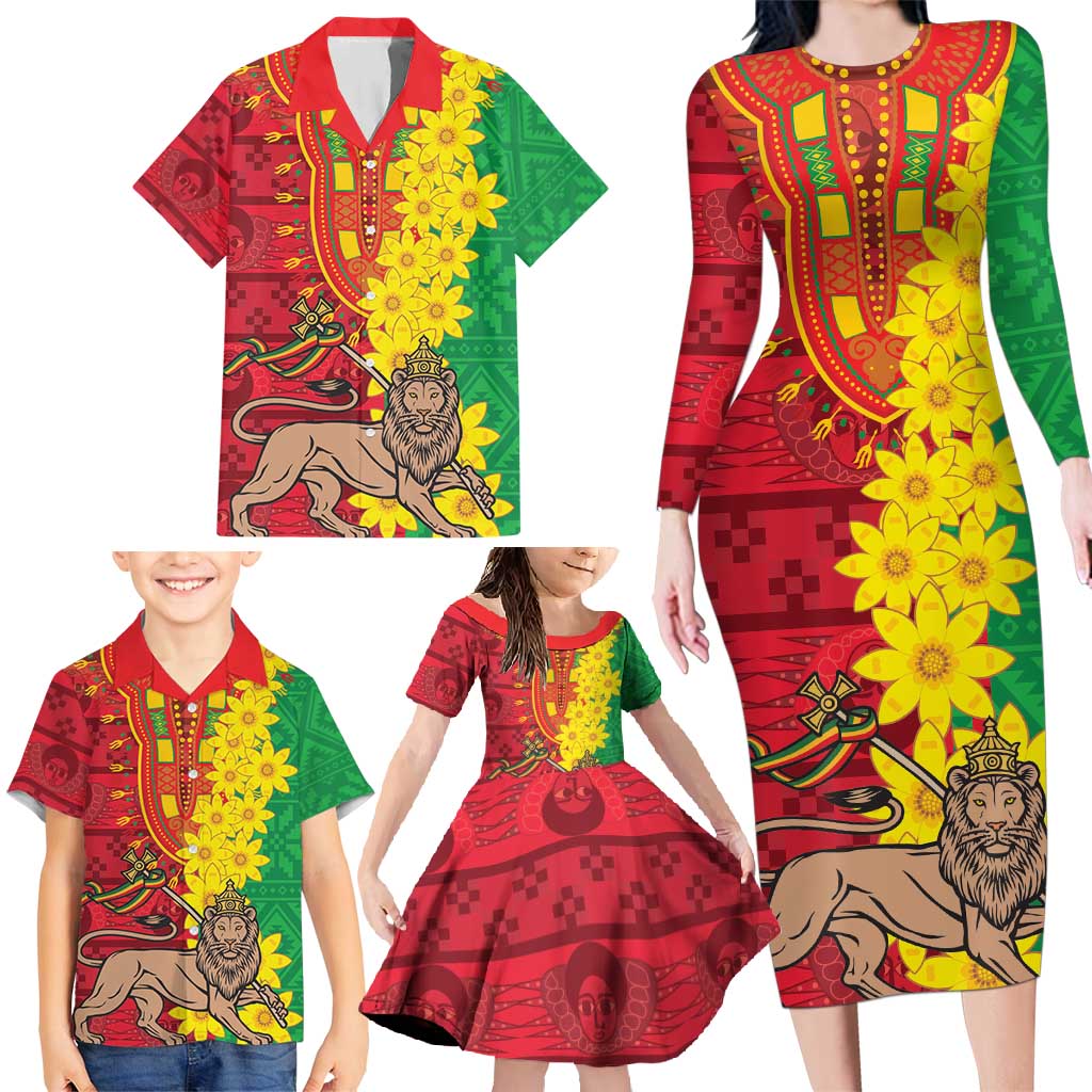 Ethiopia Enkutatash Melkam Addis Amet Family Matching Long Sleeve Bodycon Dress and Hawaiian Shirt With Bidens Macroptera