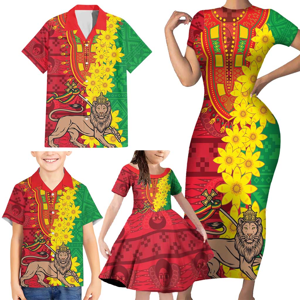 Ethiopia Enkutatash Melkam Addis Amet Family Matching Short Sleeve Bodycon Dress and Hawaiian Shirt With Bidens Macroptera