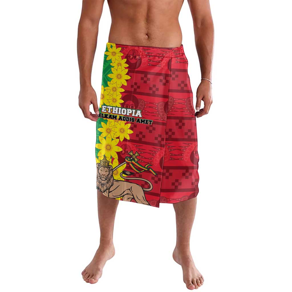 Red printed wrap skirt (lavalava) with floral and animal graphics, front panel