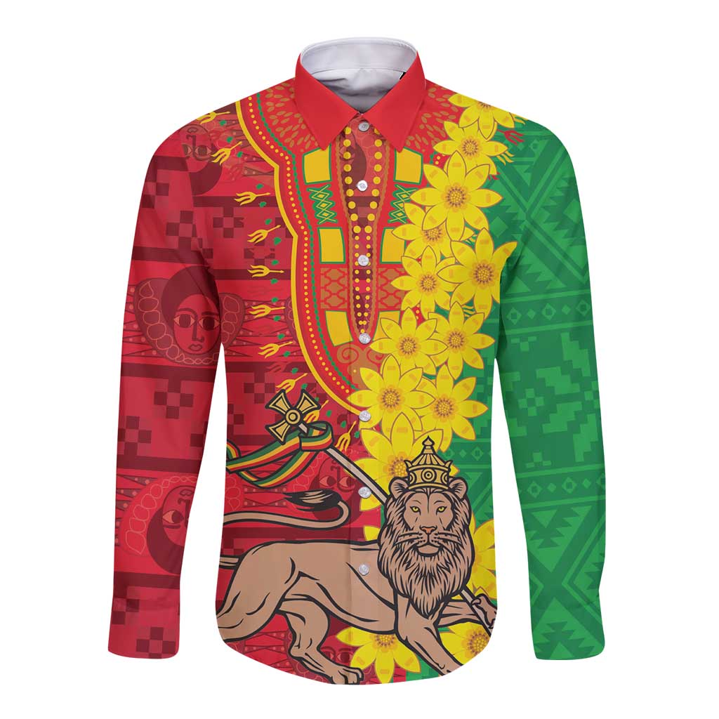 Long-sleeve button shirt, red/green/yellow graphic print with lion and flowers (front).