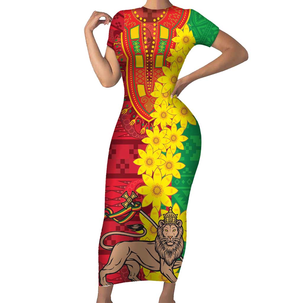 Ethiopia Enkutatash Melkam Addis Amet Short Sleeve Bodycon Dress With Bidens Macroptera