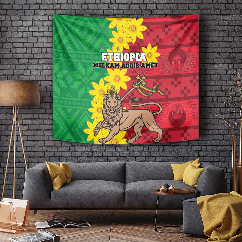 Wall tapestry in green and red with lion figure, yellow flowers, and graphic motifs